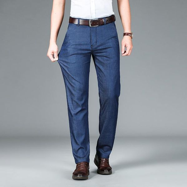 men's jeans spring summer modal fabric light blue business plus size 40 42 stretch denim straight-leg pants male brand trousers